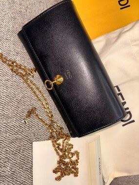 Fendi Black Leather Clutch with Gold Chain